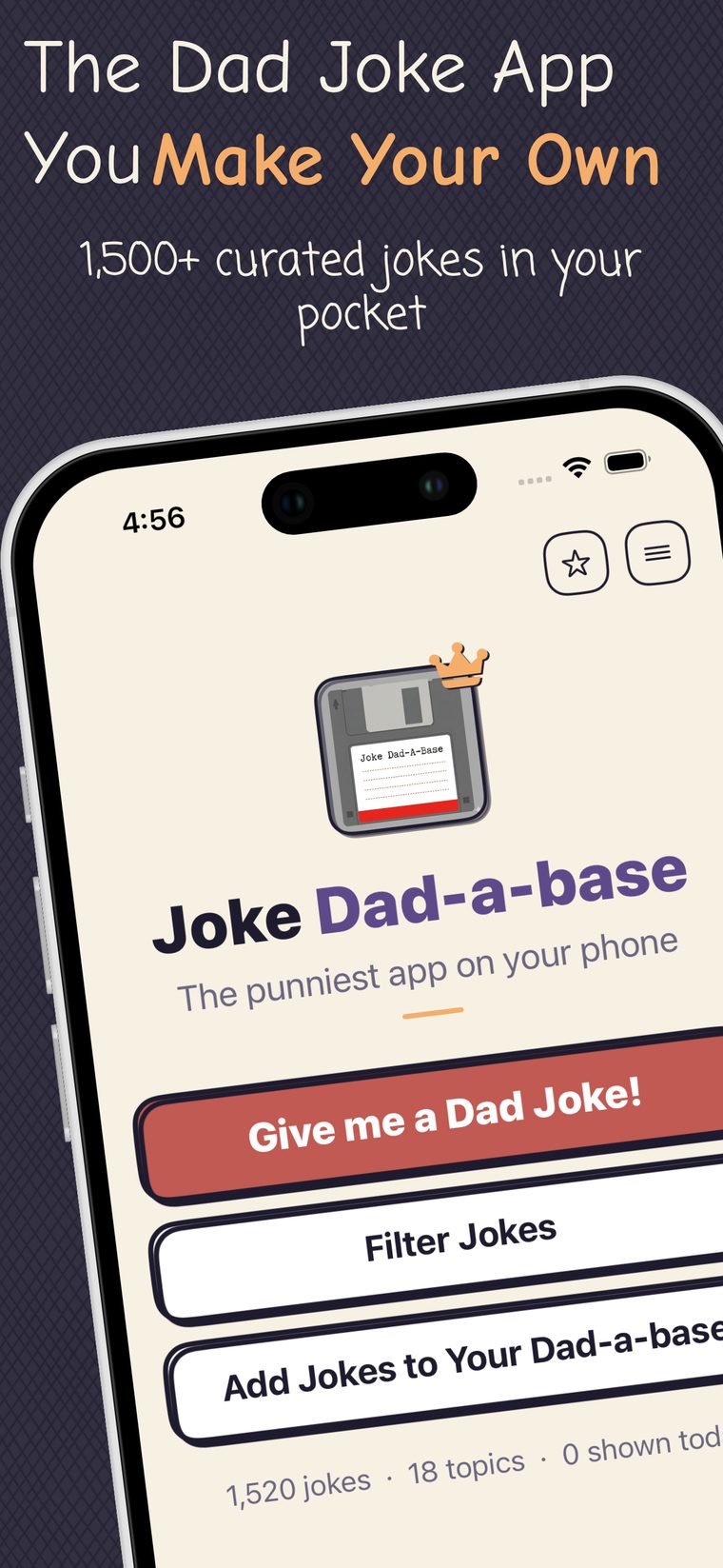 Dad Joke Vault home screen with the day's dad joke and quick actions