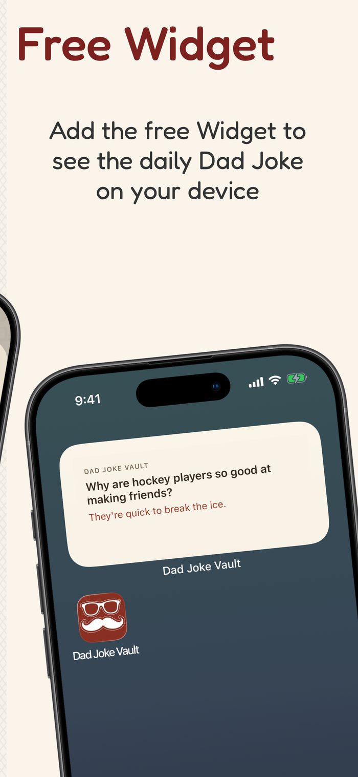 The free Dad Joke Vault widget showing the daily joke on an iPhone home screen